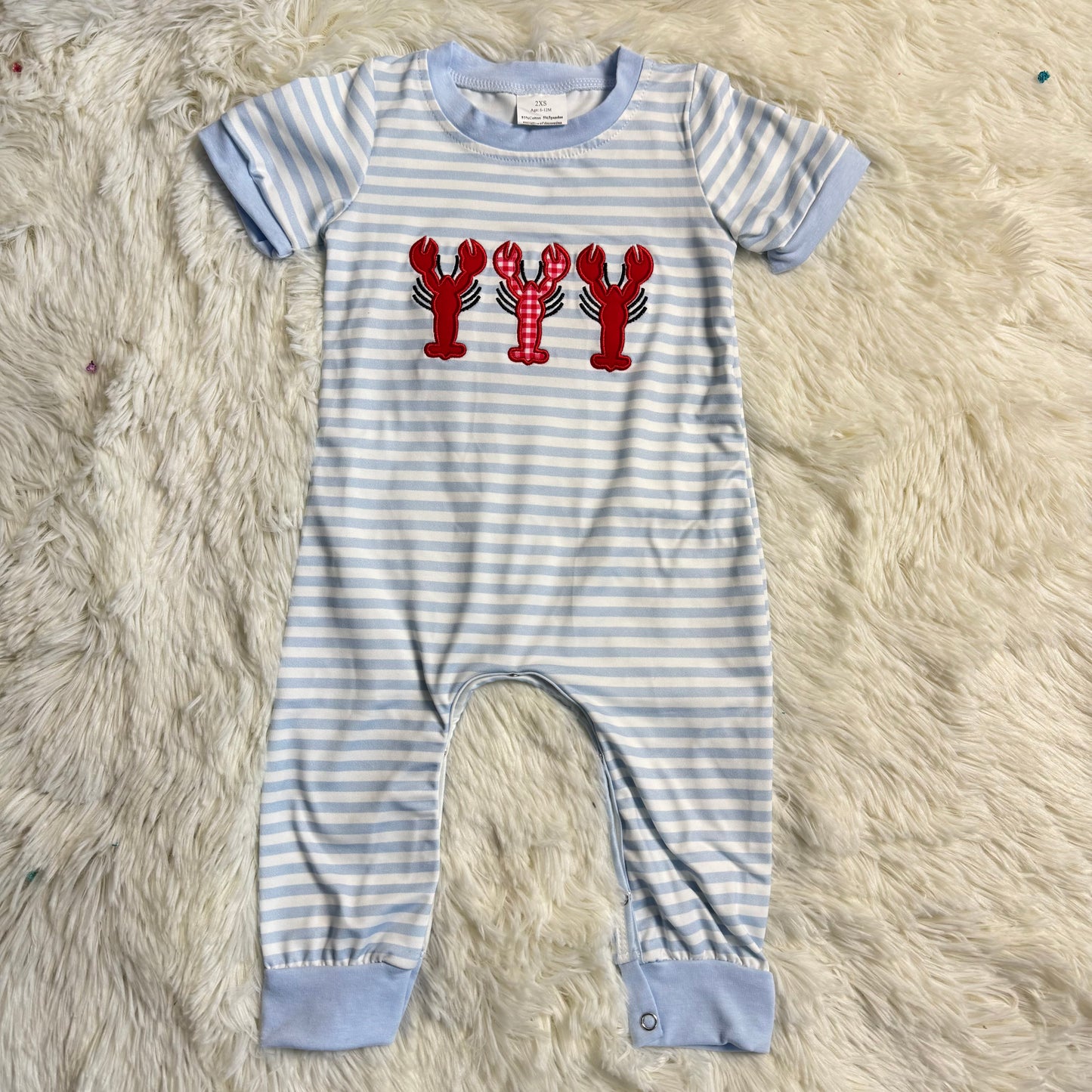 12.27 RST SR3333 Embroidery Crayfishes Baby Boys Grey Stripe Footie Rompers