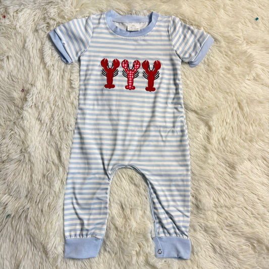 12.27 RST SR3333 Embroidery Crayfishes Baby Boys Grey Stripe Footie Rompers