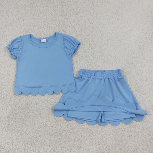 GSD3933 RTS NO MOQ （In stock）Baby Girls Blue Ruffle Short Sleeve Scallop Trim Skort Daily Outfit
