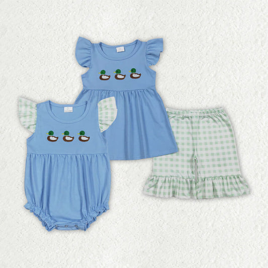 1.10 RTS Sibling Baby Girls Flutter Sleeve Embroidery Ducks Hunting Checked Shorts Clothes Set Ruffle Rompers