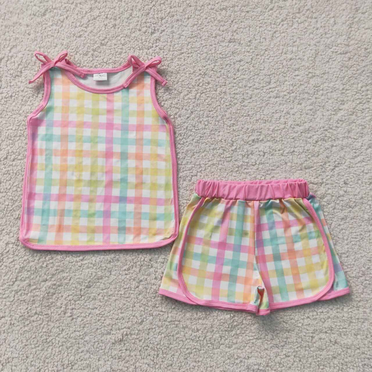 GSSO3659 RTS NO MOQ （In stock）Baby Girls Colorful Check Plaid Sleeveless Shirt Top Elastic Waist Shorts Two Piece Casual Summer Clothes Set