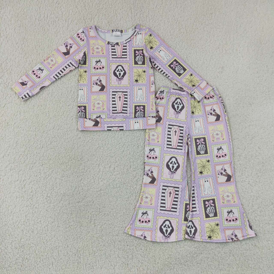 GLP3402 RTS NO MOQ （In stock）Baby Girls Spider Ghosts Shirt Top Flare Pant Halloween Clothes Sets