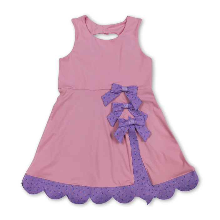 RTS NO MOQ Sibling yoga fabric Baby Girls Bow Scallop Trim Knee Length  Athletic Short Dress