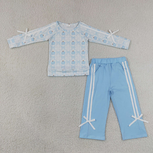 GLP3351 RTS NO MOQ （In stock）Light blue pumpkin bow top cotton pants girls fall outfit