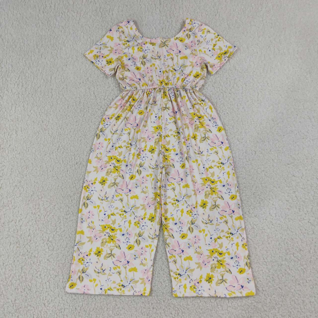 SR4196 RTS NO MOQ （In stock）Short sleeves pink yellow floral kids girls jumpsuit