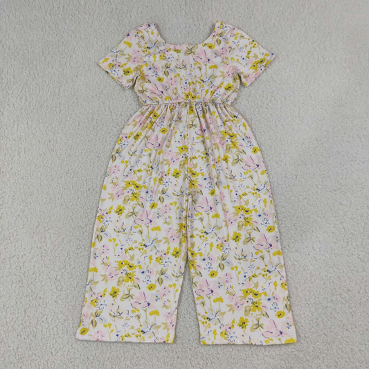 SR4196 RTS NO MOQ （In stock）Short sleeves pink yellow floral kids girls jumpsuit