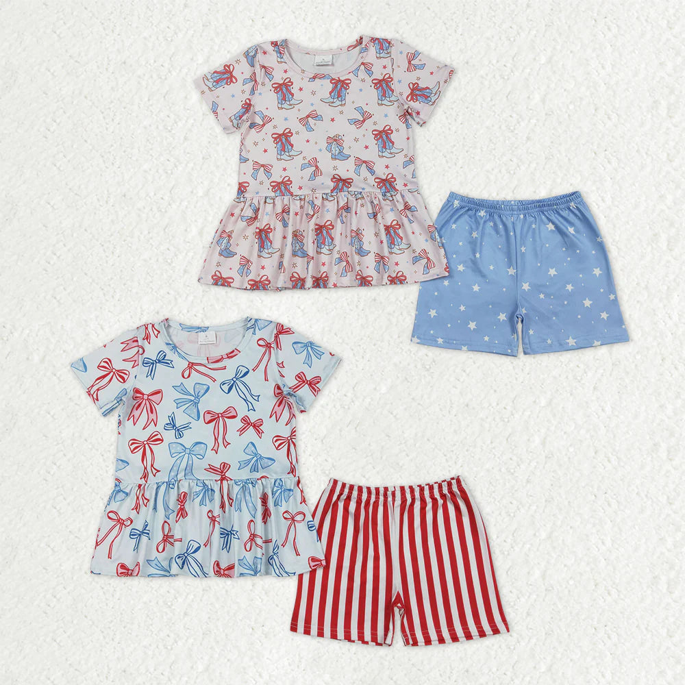 12.13 RTS Sibling Baby Girls Red Blue Bows Boots Ruffle Tunic Shorts 4th of July Clothes Sets