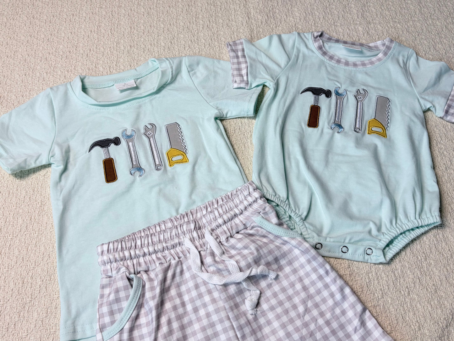 0430 RTS Sibling Short sleeves tools embroidery kids boys summer outfits and romper