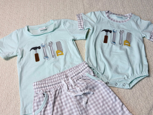 0430 RTS Sibling Short sleeves tools embroidery kids boys summer outfits and romper