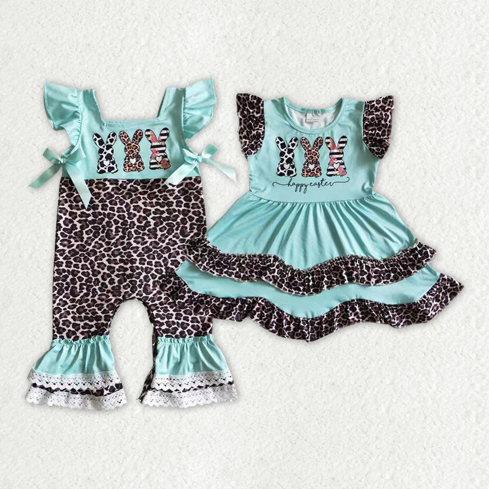12.26 RTS Sibling Baby Girls Easter Three Bunny Ruffle Rompers Dresses