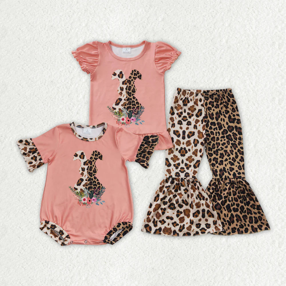 2.10 RTS Sibling Baby Girls Summer Easter Pink Rabbit Leopard Rompers Sets