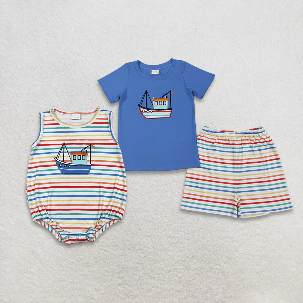 1.19 RTS Sibling Baby Boys Embroidery Boats Colorful Stripe Top Shorts Clothes Set Rompers