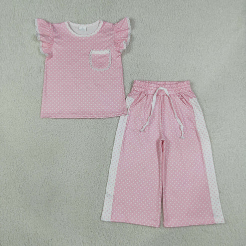 RTS NO MOQ Sibling Baby Girls Flutter Sleeve Polka Dots Top Pockets Flare Pants Clothes Sets
