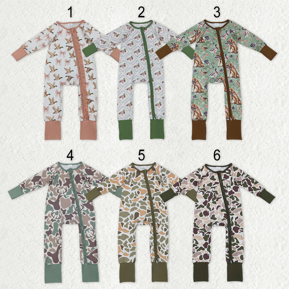 12.9 RTS Sibling Baby Kids Ducks Camo Southern Hunting Two Way Zipper Convertible Rompers