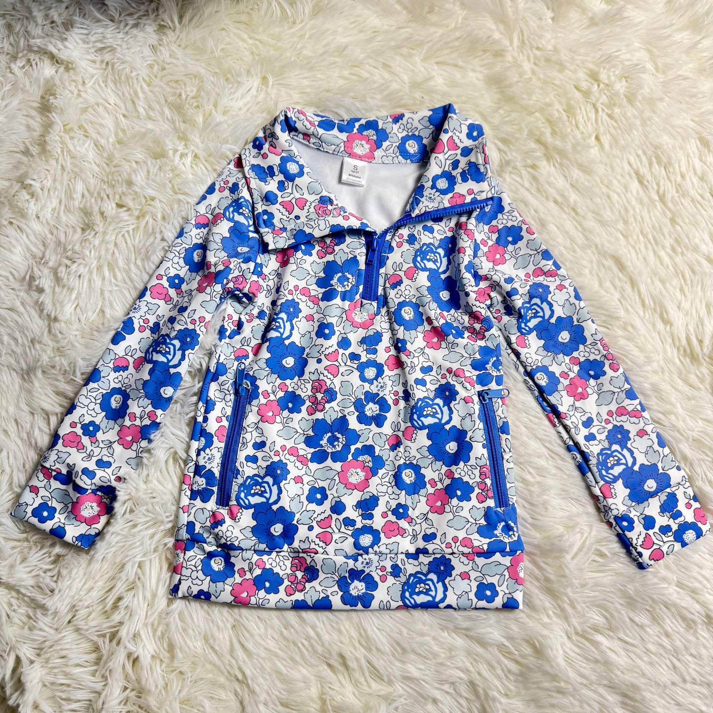 12.5 RST GT1192 Baby Girls Blue Pink Floral Zipper Pockets Yoga Active Pullovers Top