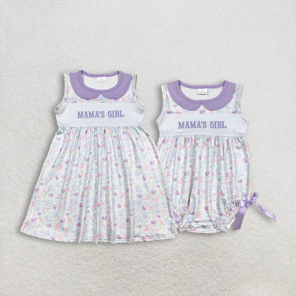 1.10 RTS Sibling Baby Girls Sleeveless Embroidery Mama's Girl Flowers Collar Knee Length Dress Ruffle Romper