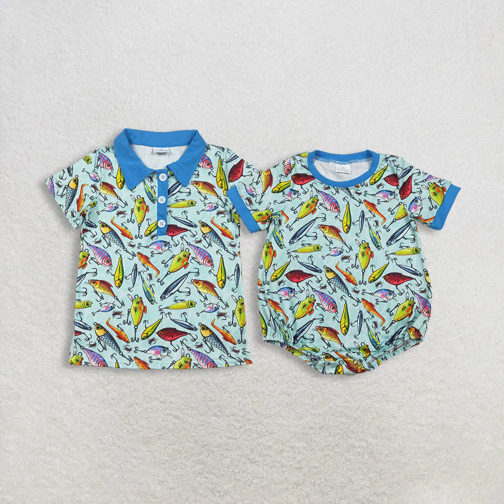 2.6 RTS Sibling Baby Boys Short Sleeve Fishing Hunting Button Polo Shirt Rompers
