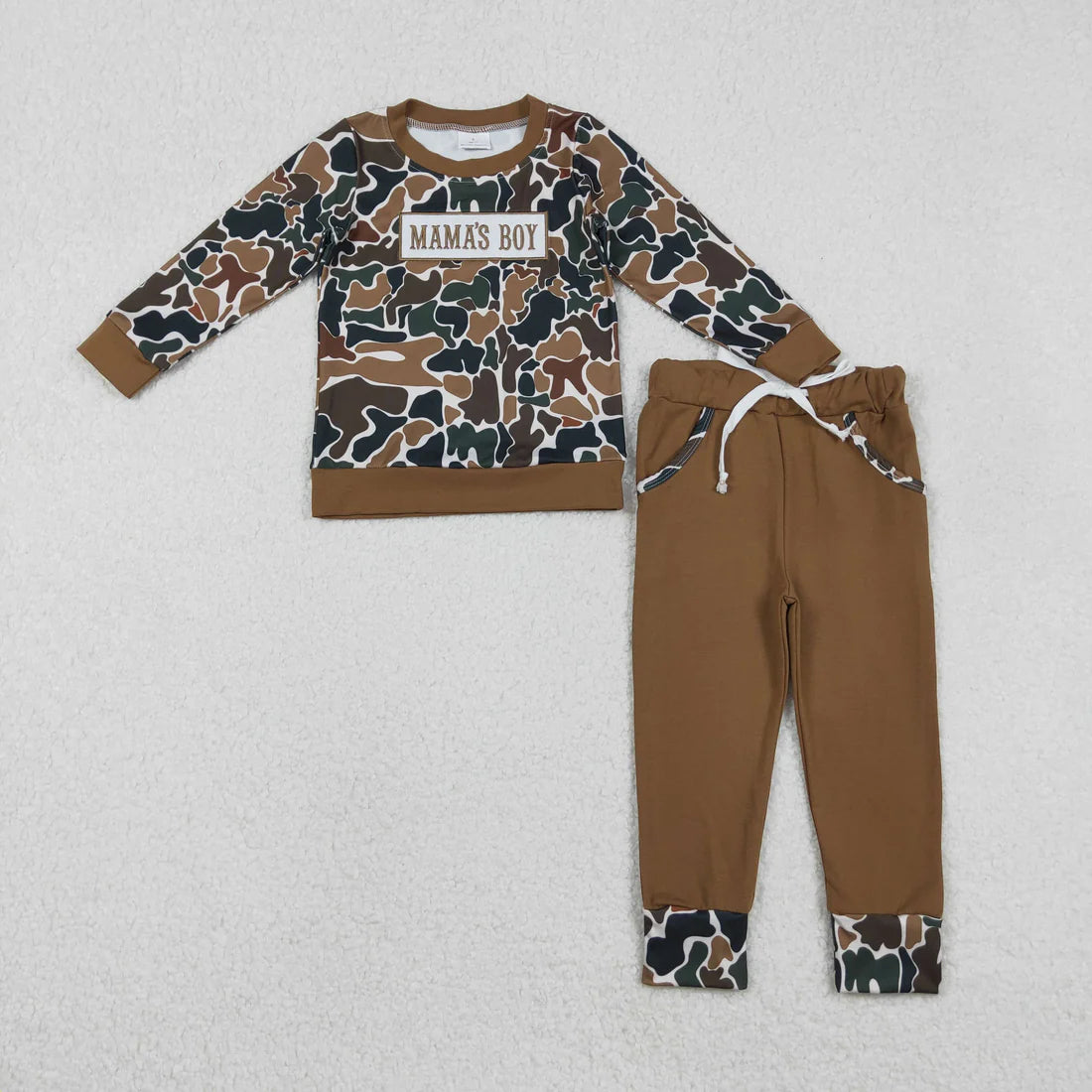 11.18 RTS Sibling Baby Boys Embroidery Mama's Boy Brown Camo Pockets Pants Clothes Sets Hoodie Romper