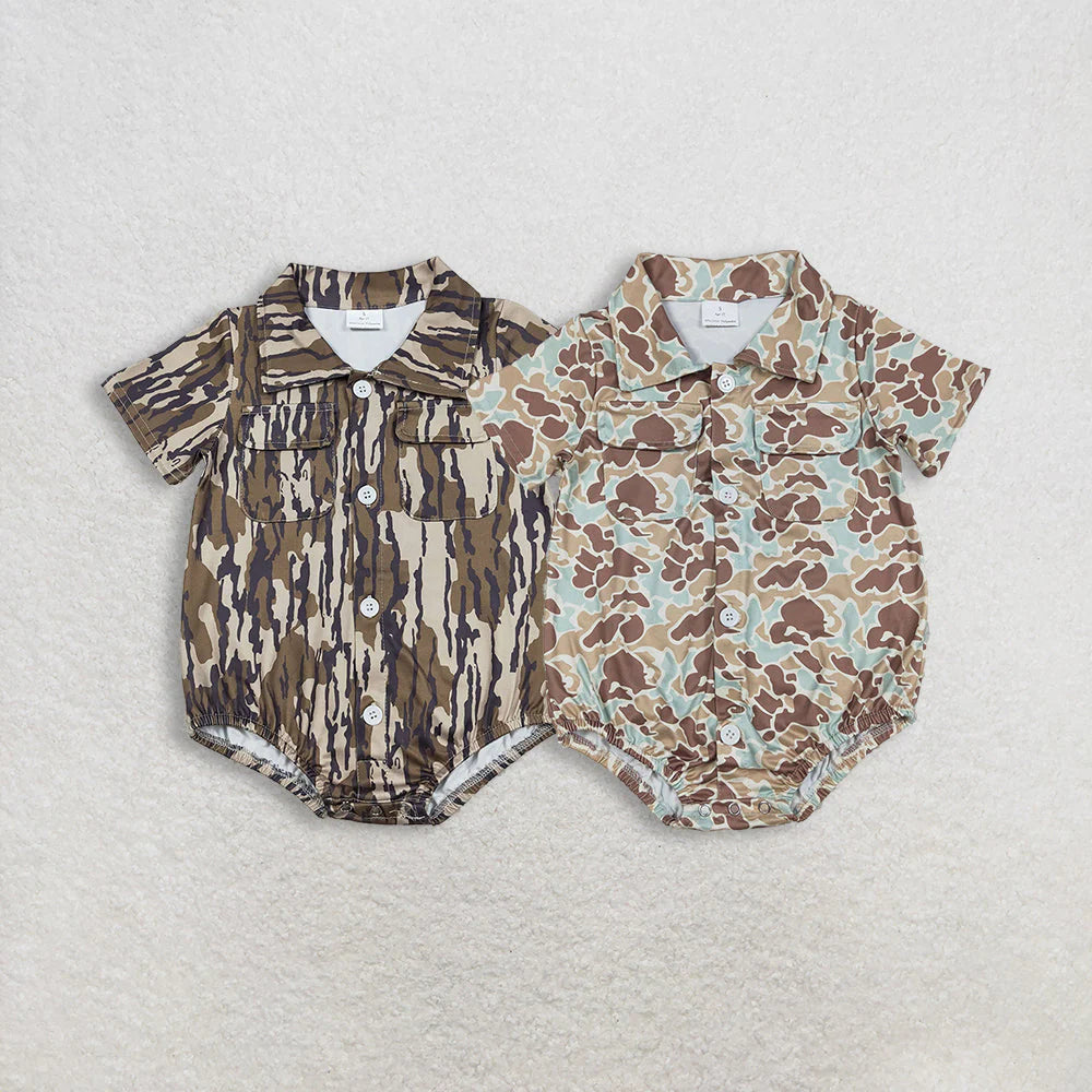 12.17 RTS Sibling Baby Boys Southern Camo Button Pockets Hunting Rompers