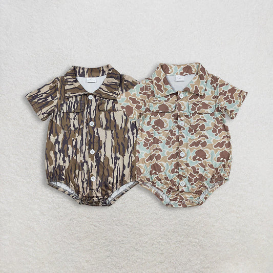 12.17 RTS Sibling Baby Boys Southern Camo Button Pockets Hunting Rompers