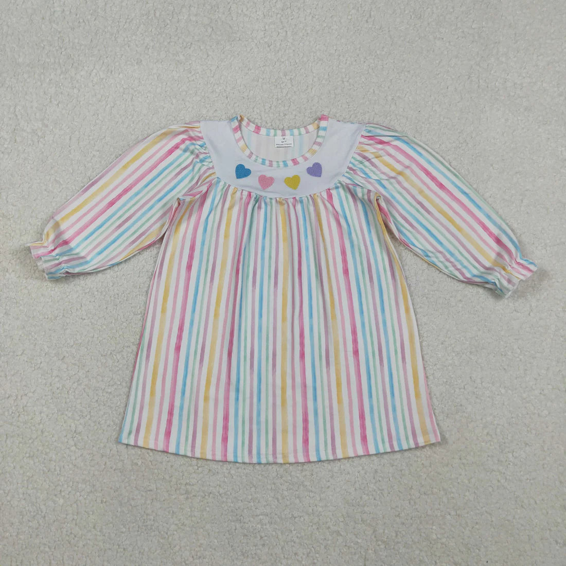 11.7 RTS Sibling Baby Girls Colorful Stripe Embroidery Hearts Ruffle Sleeve Knee Length Dress Rompers