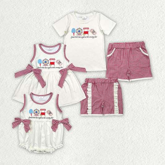 11.10 RTS Sibling Baby Kids Ice Cream Store Top Red Plaid Pockets Shorts Sets Rompers
