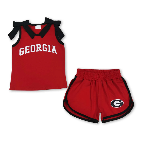 RTS NO MOQ Sibling Vinyl Baby Girls Team Graphic Top With White Bow Matching Shorts Team Clothes Set