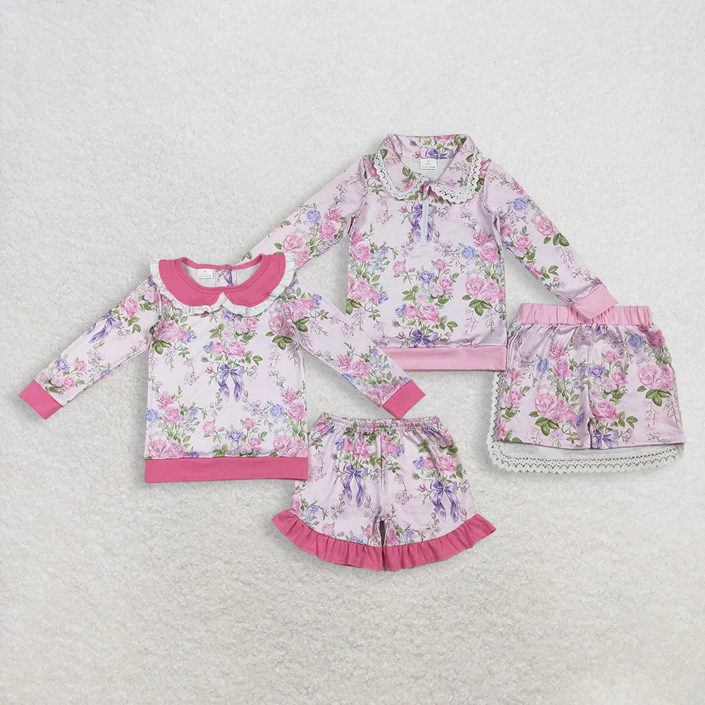 1.23 RTS Sibling Baby Girls Long Sleeve Pink Flowers Collar Top Ruffle Skirt Shorts Clothes Sets