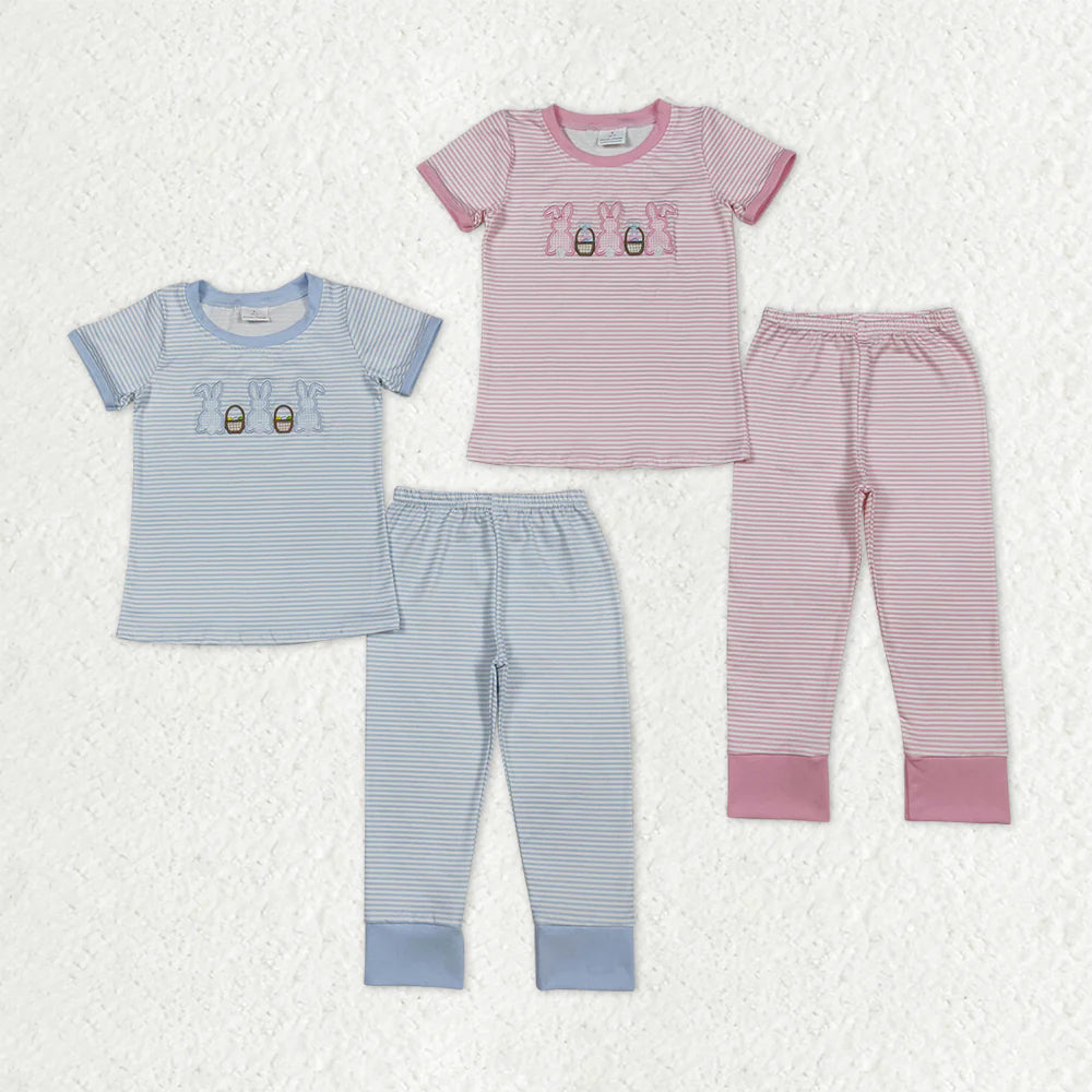 12.12 RTS Sibling Baby Kids Embroidery Rabbits Eggs Stripe Top Pants Easter Pajamas Sets