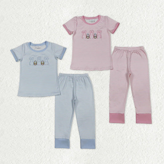 12.12 RTS Sibling Baby Kids Embroidery Rabbits Eggs Stripe Top Pants Easter Pajamas Sets