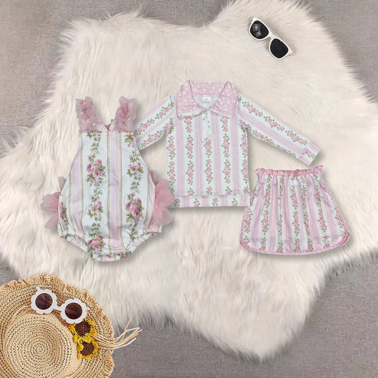 10.2 RTS Sibling Baby Girls Pink Flowers Zip Top Skirt Skort Bottoms Sets Ruffle Rompers