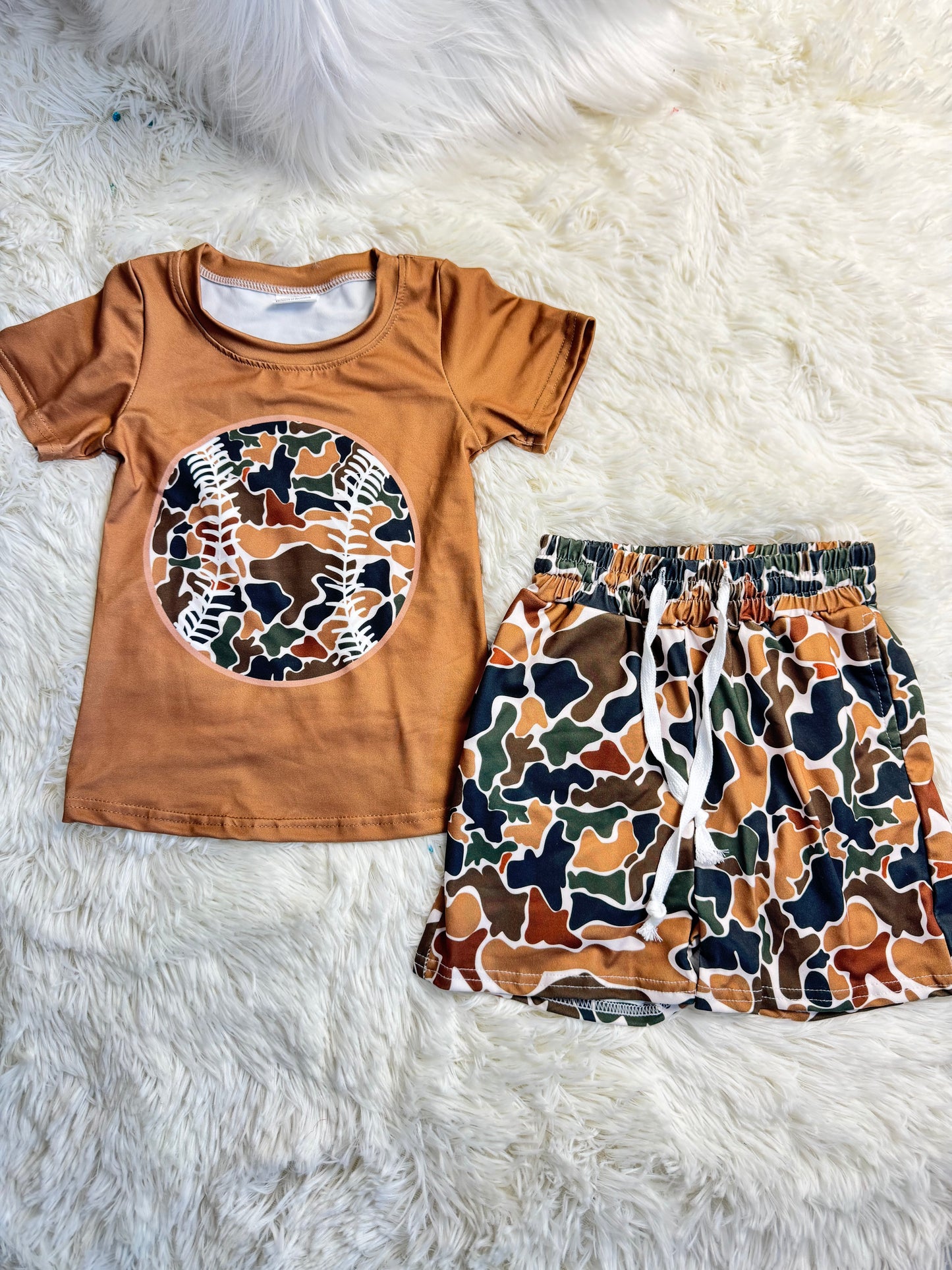 12.6 RST BT1429 + SS0732 Baby Boys Short Sleeve Brown Camo Baseballs Team T-shirts Top Shorts