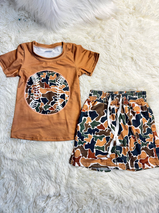 12.6 RST BT1429 + SS0732 Baby Boys Short Sleeve Brown Camo Baseballs Team T-shirts Top Shorts