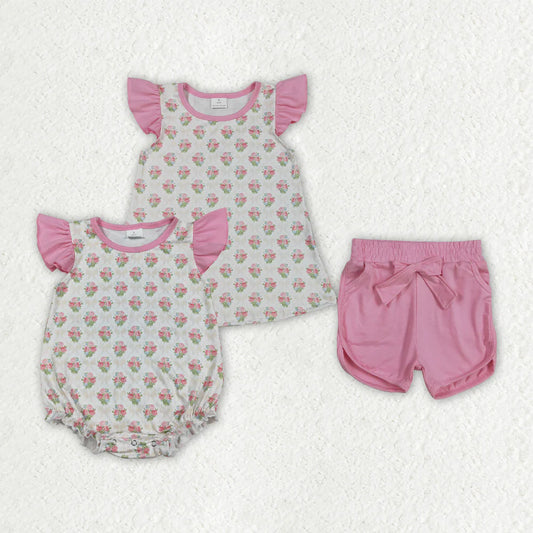 3.20 RTS Sibling Baby Girls Park Flowers Checked Top Shorts Clothes Set Ruffle Rompers