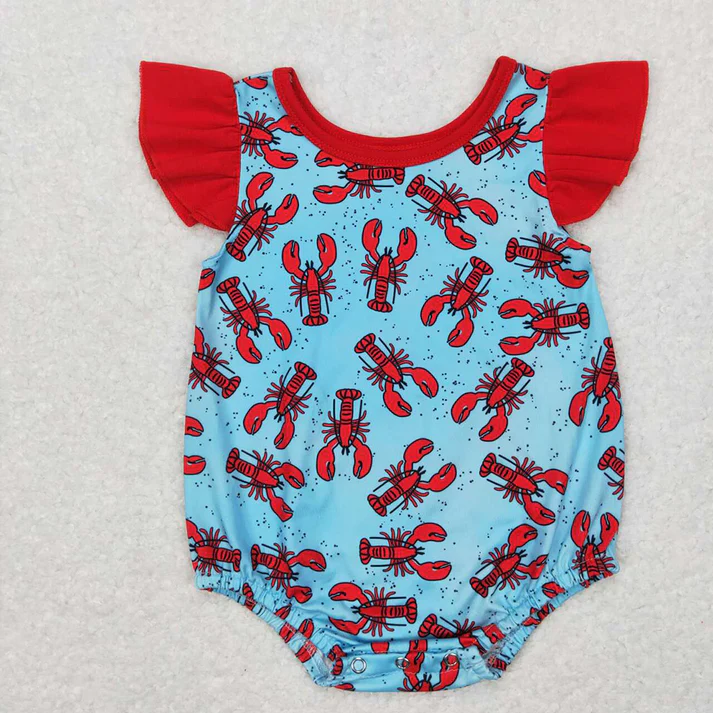 Baby Girls Red Crayfish Lake Blue Short Sleeve Dress Crawling Suit