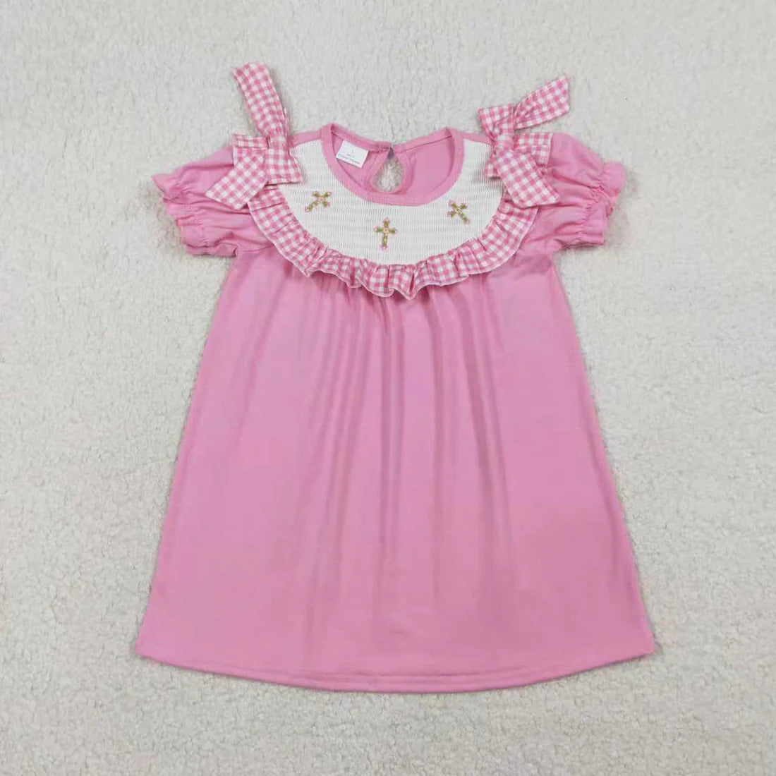 1.13 RTS Sibling Smocked Crosses Baby Girls Pink Short Sleeve Easter Knee Length Dress Ruffle Rompers