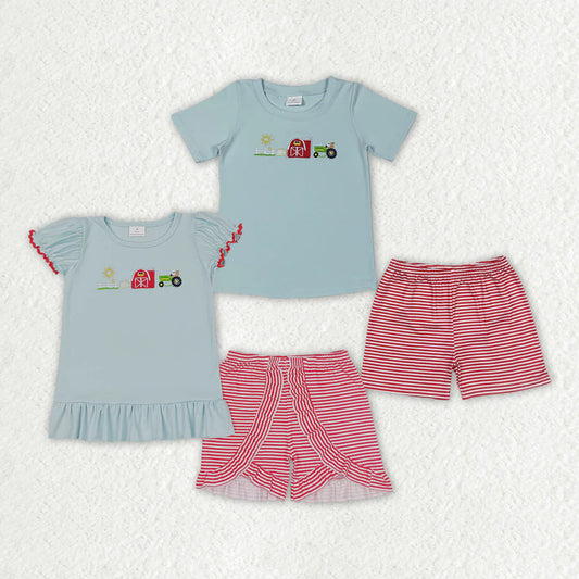12.17 RTS Sibling Boys Baby Girls Farm House Shirt Tops Shorts Clothes Sets