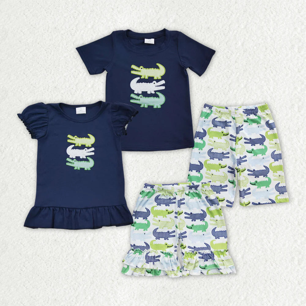 12.17 RTS Sibling Boys Baby Girls Summer Crocodile Embroidery Shorts Sets
