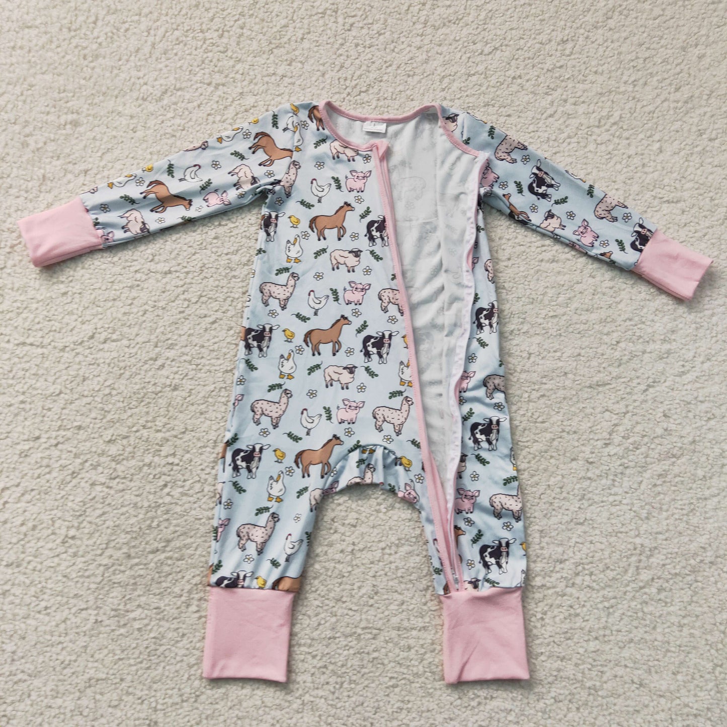 LR2401  RTS NO MOQ （In stock）Baby Girls Farm Horse Chick Long Sleeve Zipper Rompers