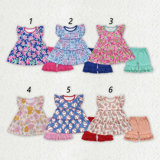 Baby Girls Colorful Floral Pattern Fly Sleeve Top Lace-up Shorts Set
