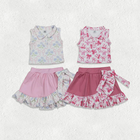 2.2 RTS Sibling Baby Girls Bows Checked Button Vests Ruffle Skirt Shorts Yoga Active Clothes Sets