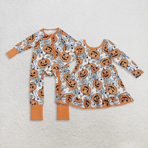 9.24 RTS Sibling Baby Girls Ghosts Pumpkins Halloween Zipper Footie Romper Knee Length Dress