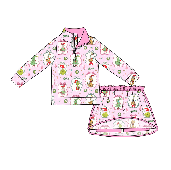 Pre order No Moq Baby Girls Cute Long Sleeve Zip Top Skirt Short Christmas Clothes Sets