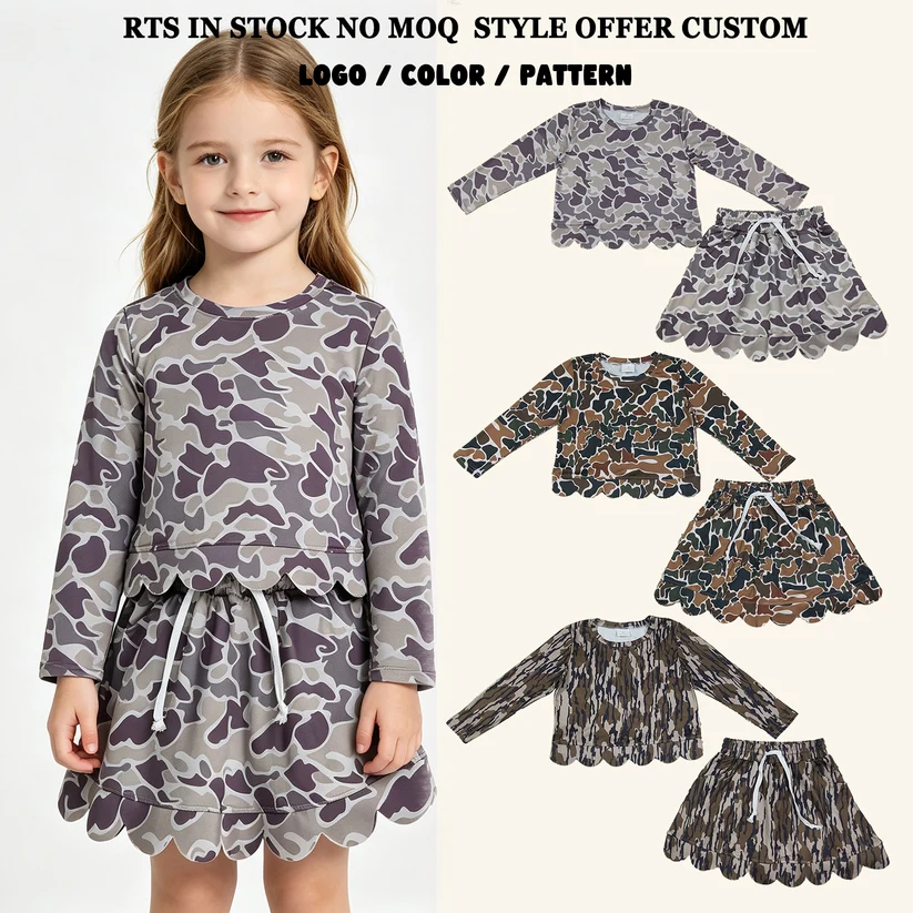 RTS NO MOQ Sibling milk silk Baby Girls Long Sleeve Camo Top Skirt Short Scallop Outfit