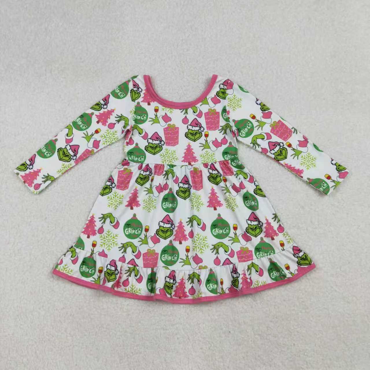 9.23 RTS Sibling Baby Girls Green Faces Trees Lights Christmas Ruffle Knee Length Dress Pajamas Sets Footie Rompers