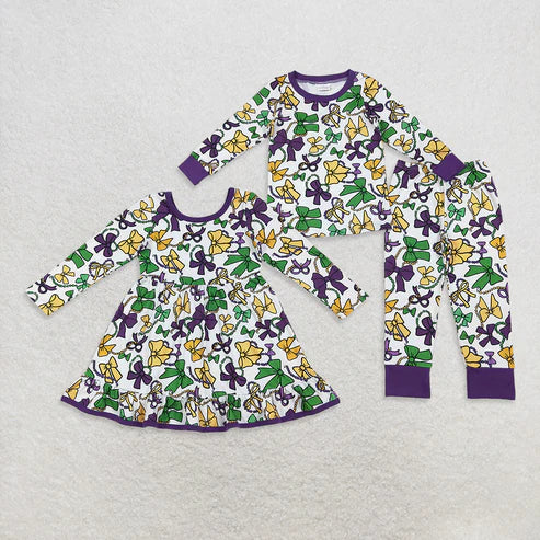 10.10 RTS Sibling Baby Girls Mardigras Bows Plaid Pants Pajamas Sets Ruffle Knee Length Dresses