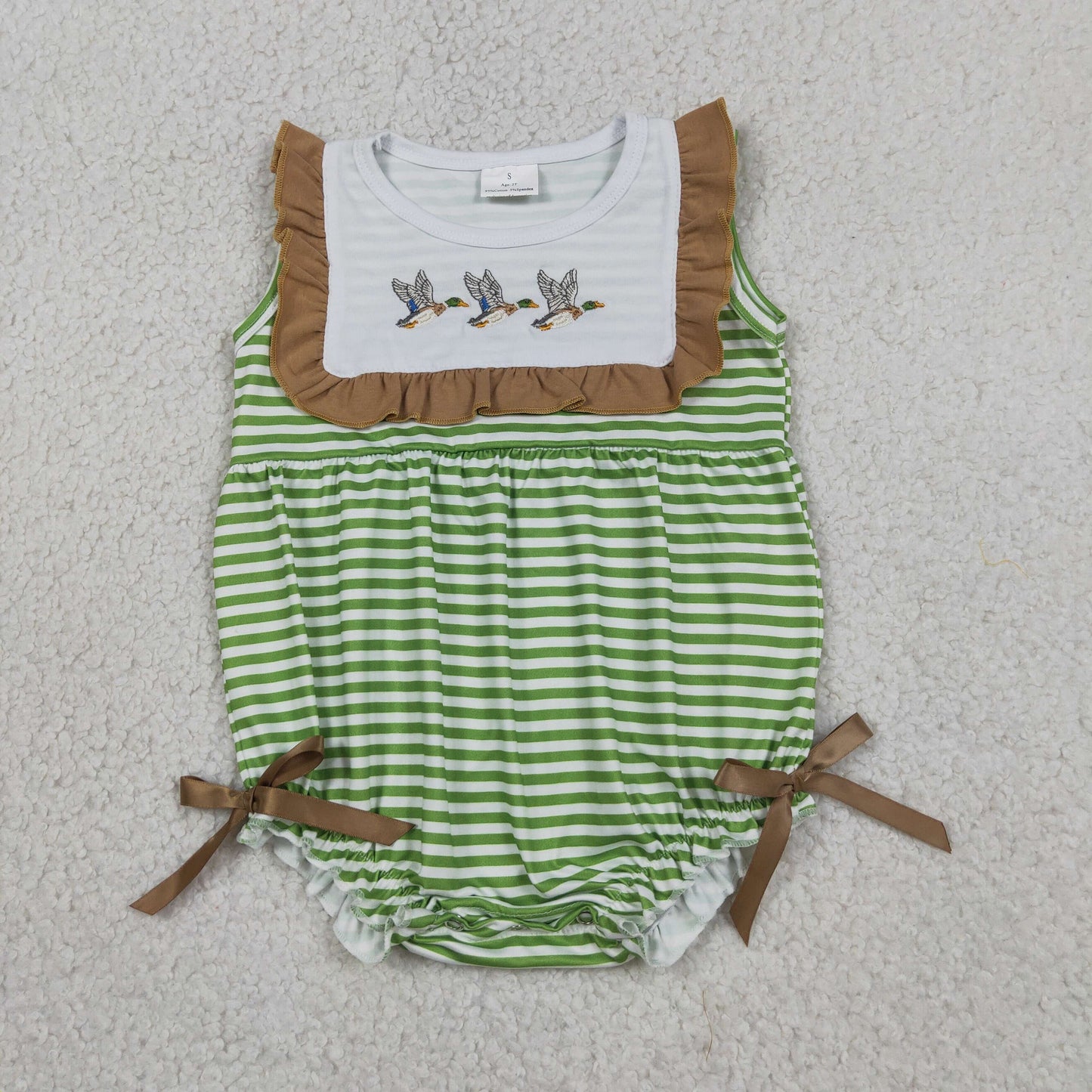 SR4084  RTS NO MOQ （In stock ） Sleeveless duck embroidery stripe baby girls romper