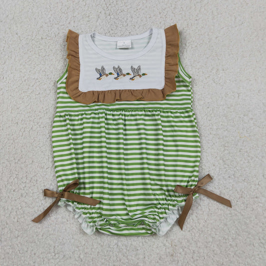 SR4084  RTS NO MOQ （In stock ） Sleeveless duck embroidery stripe baby girls romper