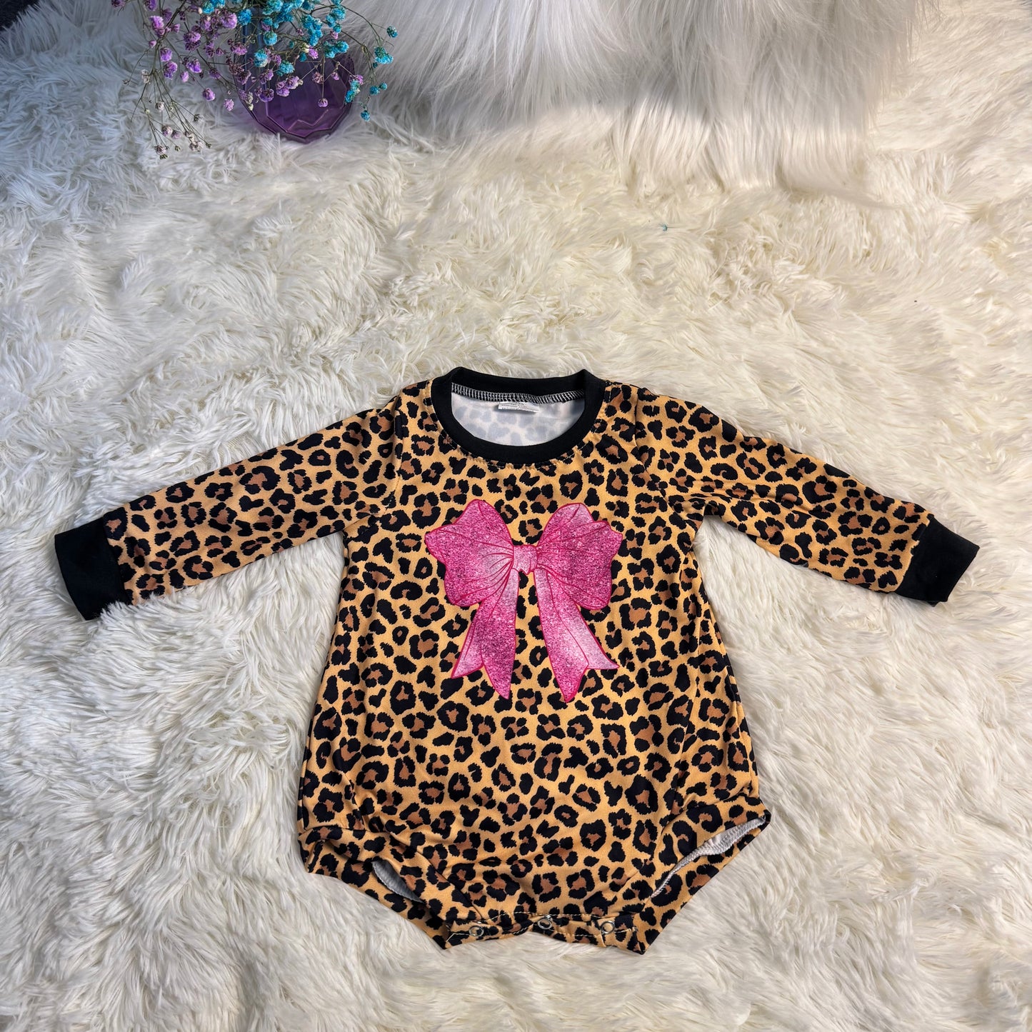 12.1 RST LR2775 Baby Girls Long Sleeve Leopard Pink Bows Rompers