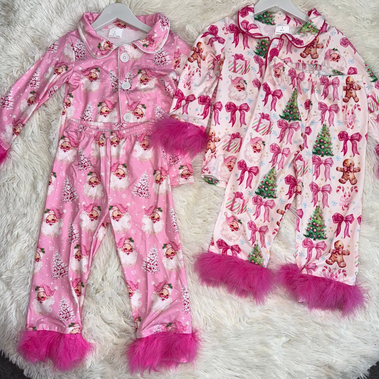 11.24 RST Sibling Baby Girls Long Sleeves With Fur Santa Trees Plaid Buttons Top Pants Pajamas Sets